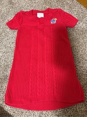 Red Knit Short-Sleeve Cable Dress with Patch